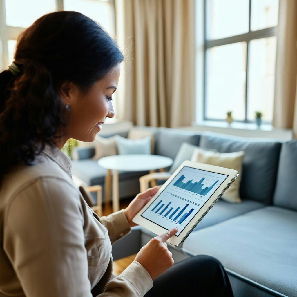 Persona revisando una estrategia de precio de venta en un iPad frente a un departamento